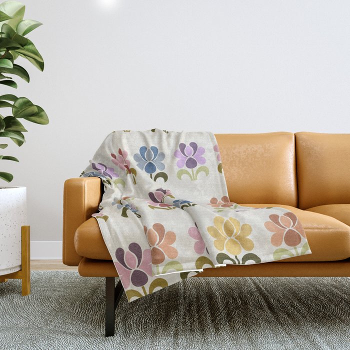 70s Retro Florals Pattern with Linen Texture Throw Blanket
