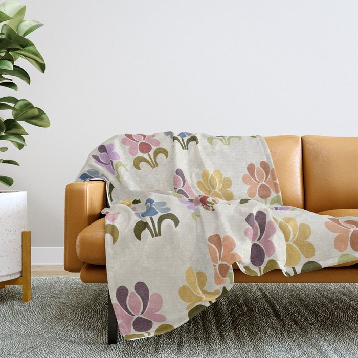70s Retro Florals Pattern with Linen Texture Throw Blanket