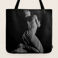 0721s-MM BW Fine Art Nude Tiger Striped Woman on Her Knees Tote Bag