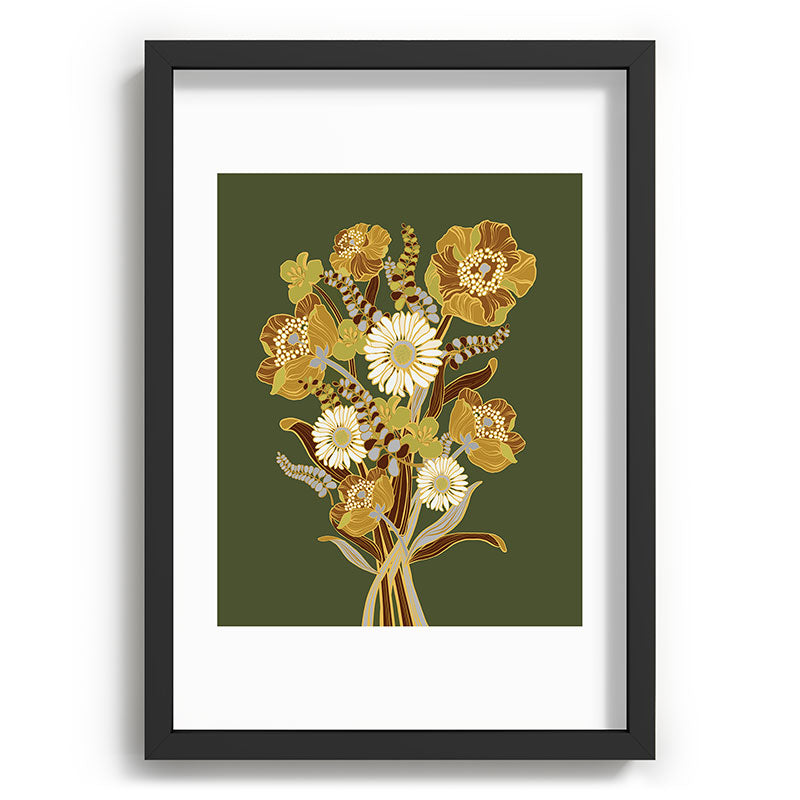 70s, flowers, green, retro, vintage, floral bouquet, olive green Framed Art Print