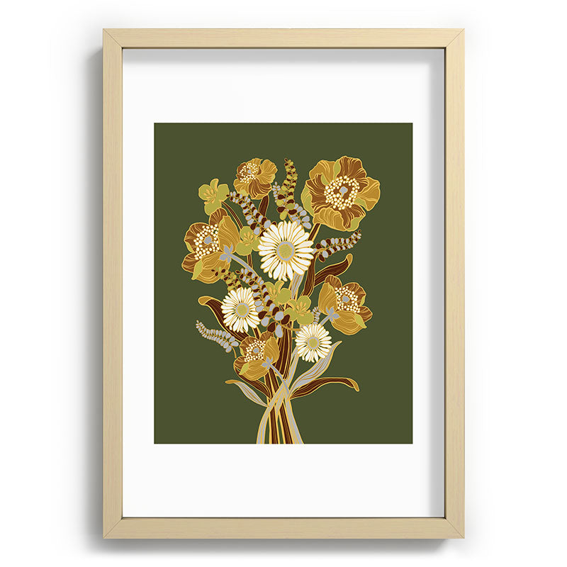 70s, flowers, green, retro, vintage, floral bouquet, olive green Framed Art Print
