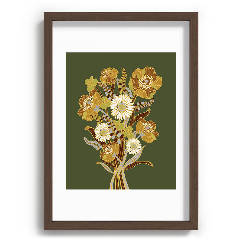 70s, flowers, green, retro, vintage, floral bouquet, olive green Framed Art Print