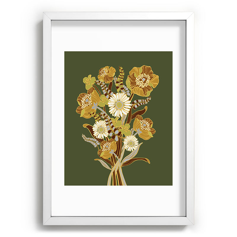 70s, flowers, green, retro, vintage, floral bouquet, olive green Framed Art Print