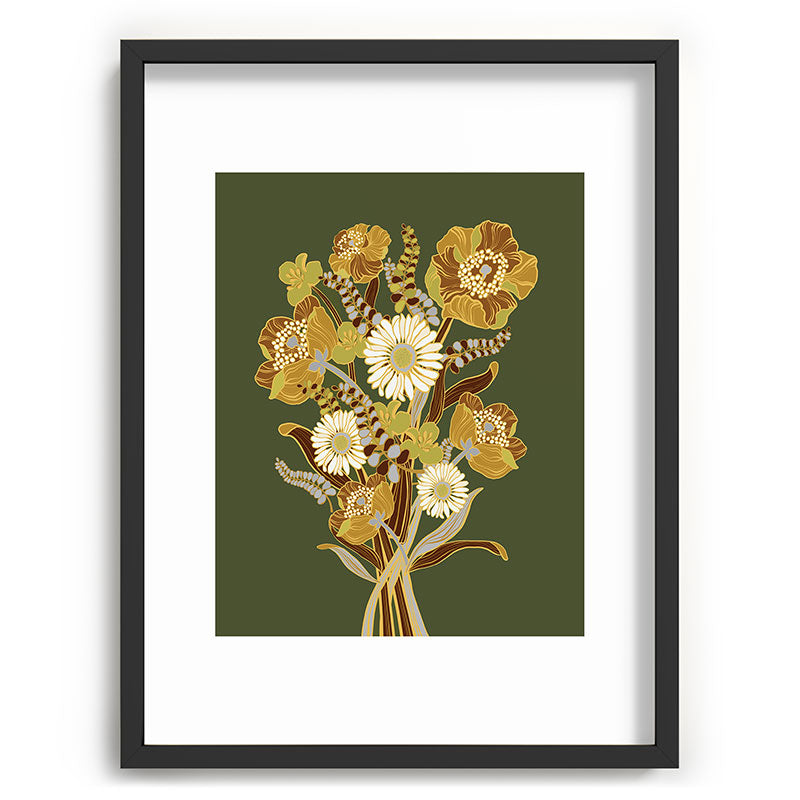 70s, flowers, green, retro, vintage, floral bouquet, olive green Framed Art Print