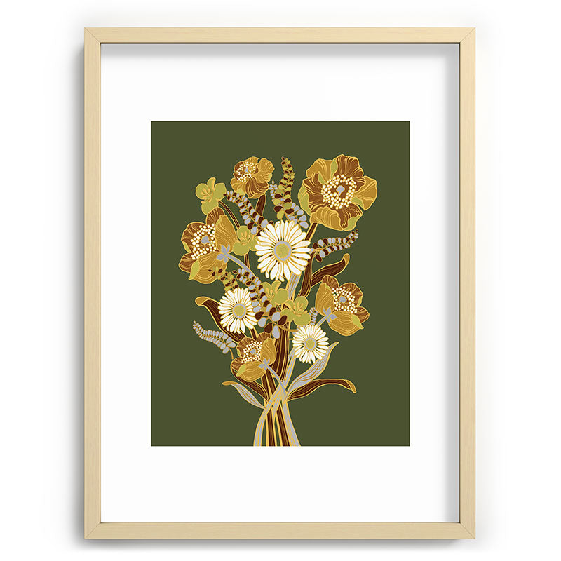 70s, flowers, green, retro, vintage, floral bouquet, olive green Framed Art Print