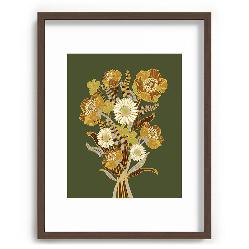70s, flowers, green, retro, vintage, floral bouquet, olive green Framed Art Print