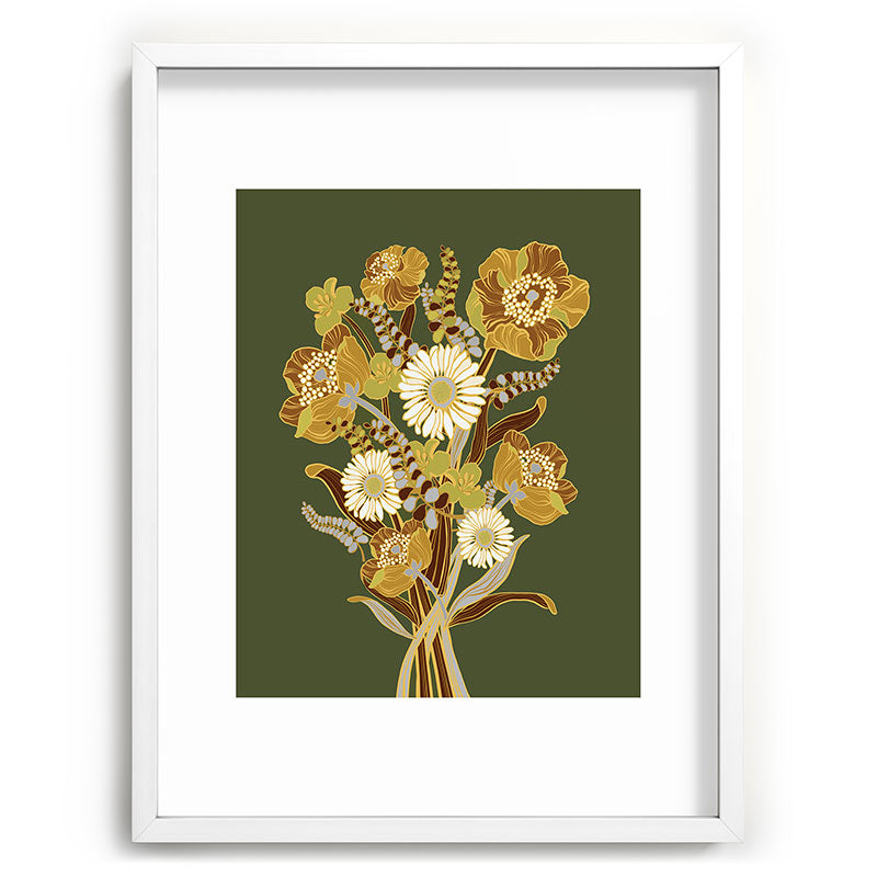 70s, flowers, green, retro, vintage, floral bouquet, olive green Framed Art Print