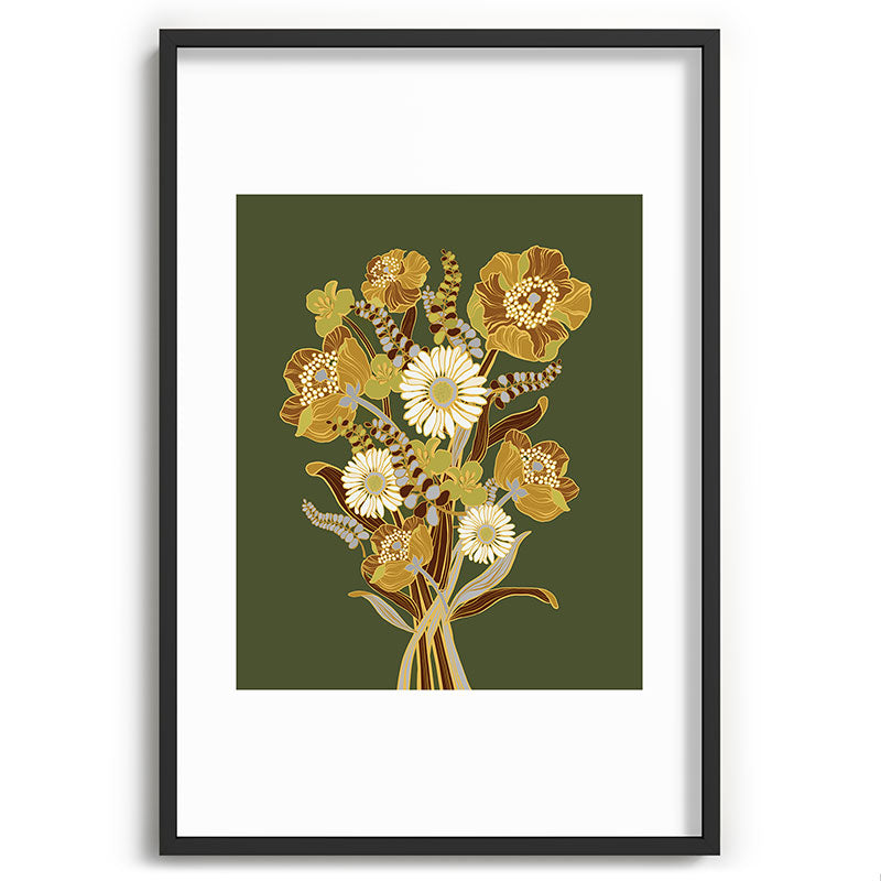 70s, flowers, green, retro, vintage, floral bouquet, olive green Framed Art Print
