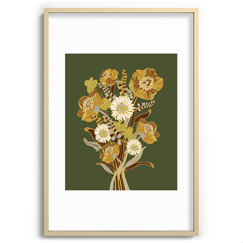 70s, flowers, green, retro, vintage, floral bouquet, olive green Framed Art Print
