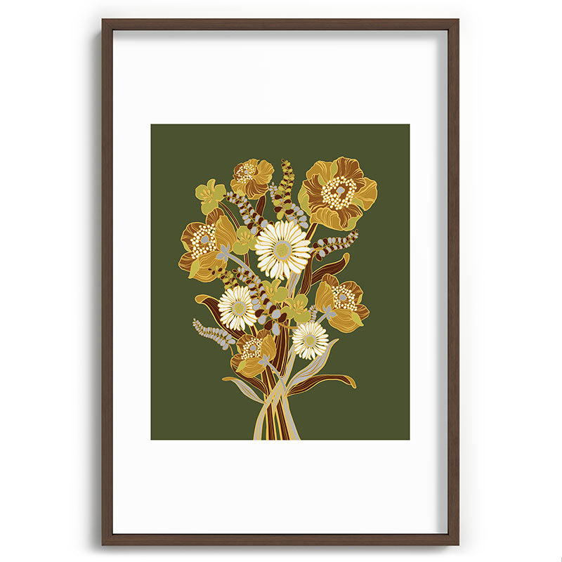 70s, flowers, green, retro, vintage, floral bouquet, olive green Framed Art Print