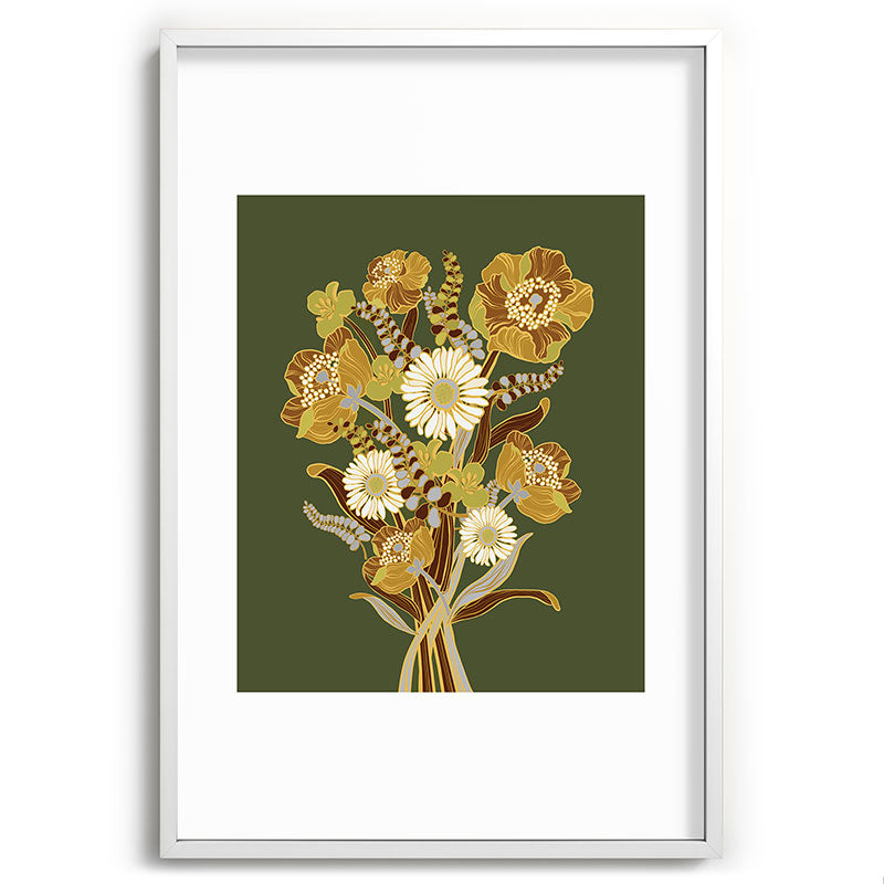 70s, flowers, green, retro, vintage, floral bouquet, olive green Framed Art Print