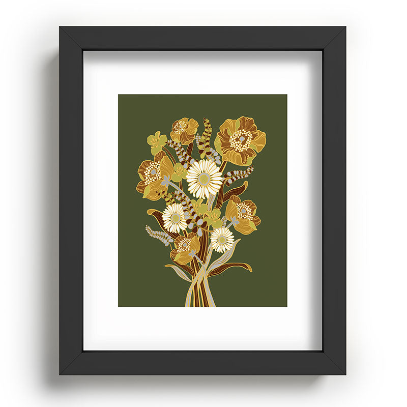 70s, flowers, green, retro, vintage, floral bouquet, olive green Framed Art Print