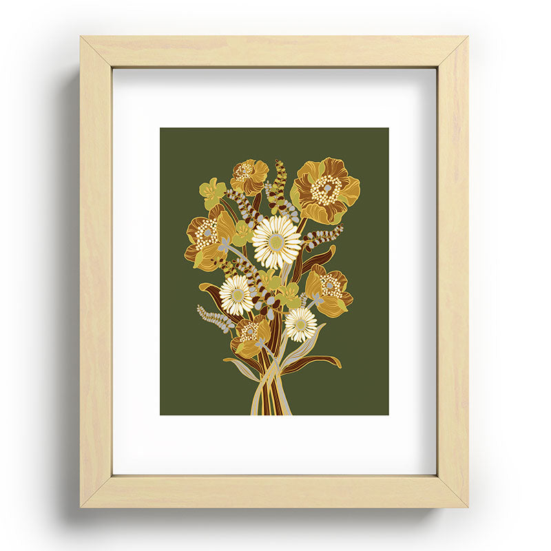 70s, flowers, green, retro, vintage, floral bouquet, olive green Framed Art Print