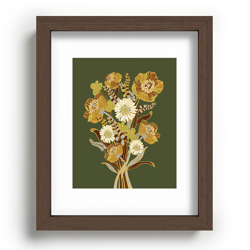 70s, flowers, green, retro, vintage, floral bouquet, olive green Framed Art Print