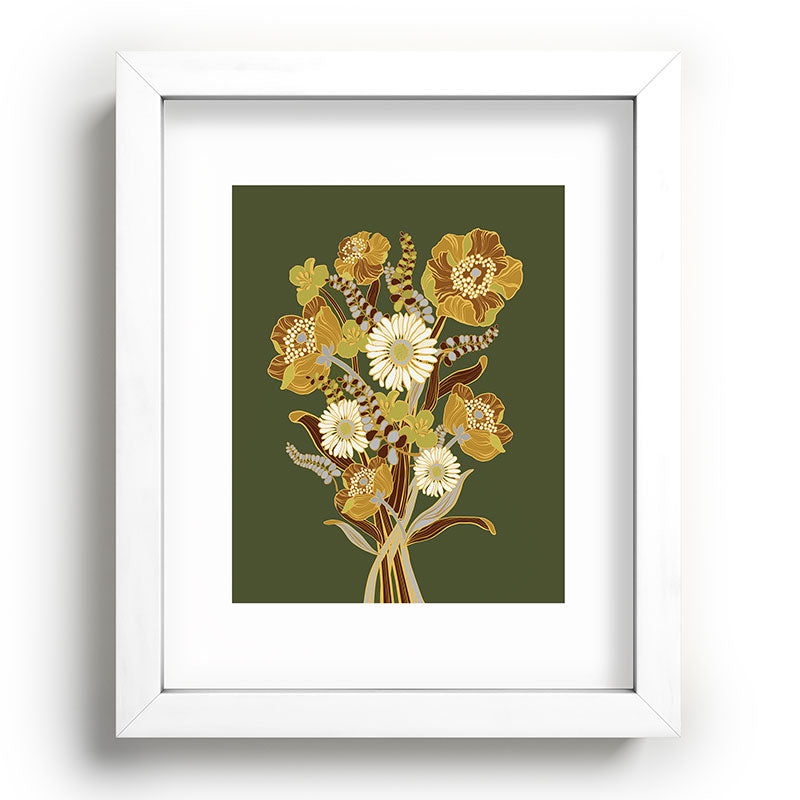 70s, flowers, green, retro, vintage, floral bouquet, olive green Framed Art Print