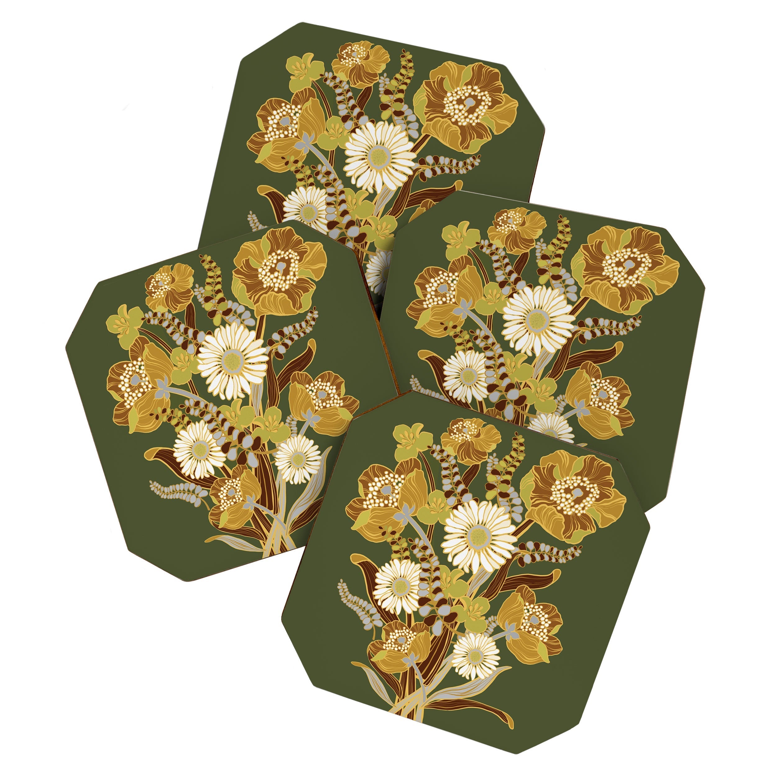 70s, flowers, green, retro, vintage, floral bouquet, olive green Coaster