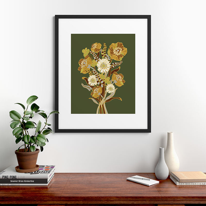 70s, flowers, green, retro, vintage, floral bouquet, olive green Framed Art Print