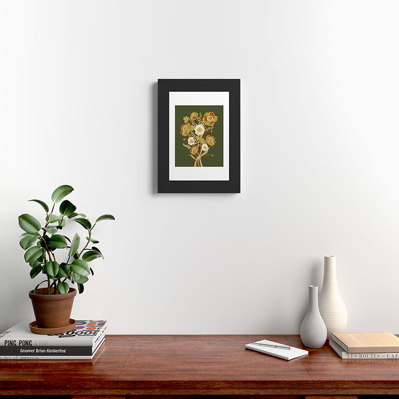 70s, flowers, green, retro, vintage, floral bouquet, olive green Framed Art Print