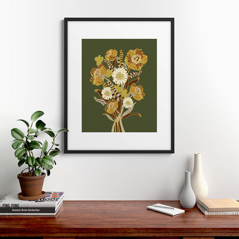 70s, flowers, green, retro, vintage, floral bouquet, olive green Framed Art Print