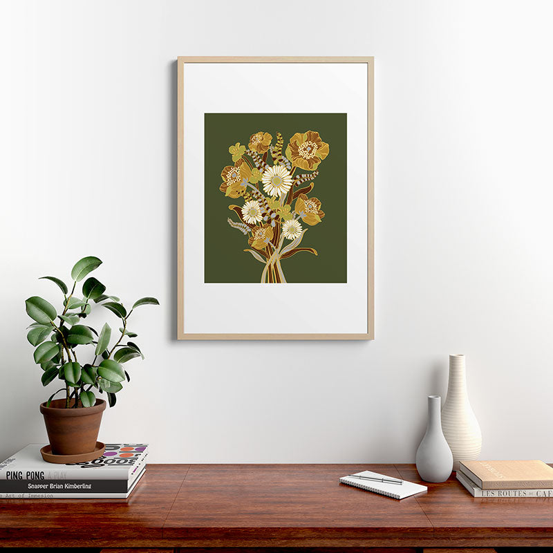 70s, flowers, green, retro, vintage, floral bouquet, olive green Framed Art Print