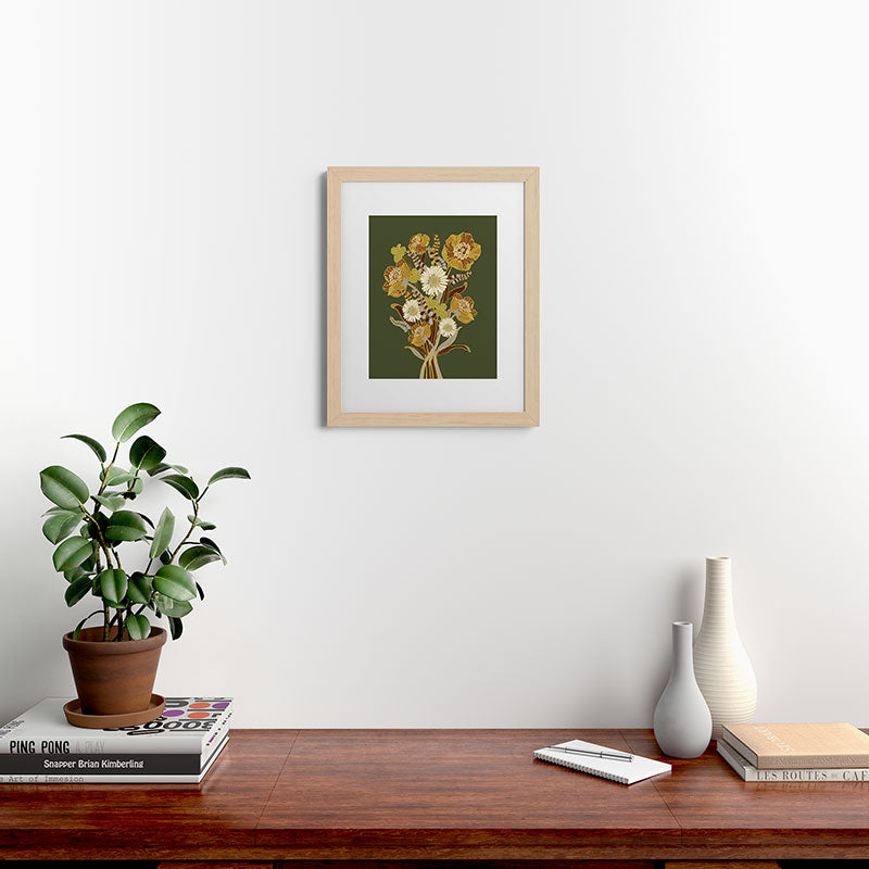 70s, flowers, green, retro, vintage, floral bouquet, olive green Framed Art Print