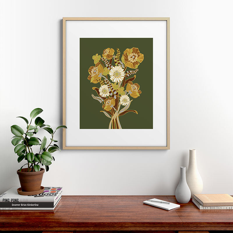 70s, flowers, green, retro, vintage, floral bouquet, olive green Framed Art Print