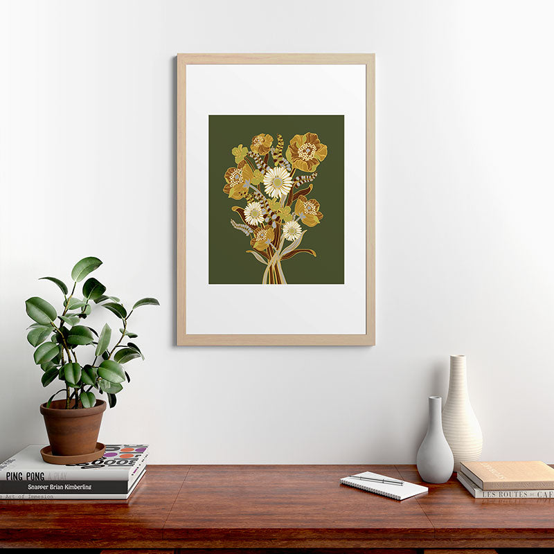 70s, flowers, green, retro, vintage, floral bouquet, olive green Framed Art Print