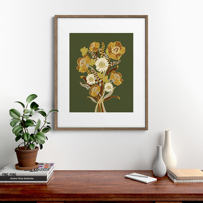 70s, flowers, green, retro, vintage, floral bouquet, olive green Framed Art Print
