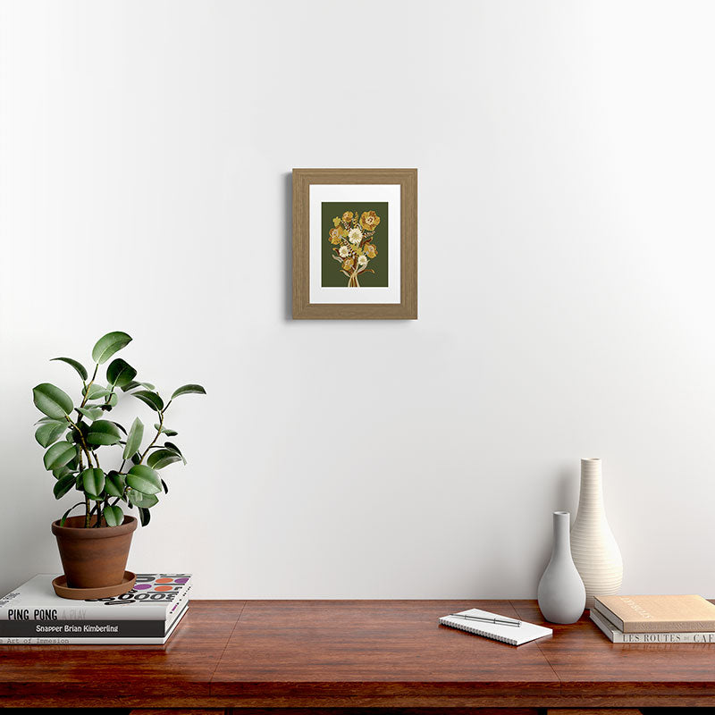 70s, flowers, green, retro, vintage, floral bouquet, olive green Framed Art Print