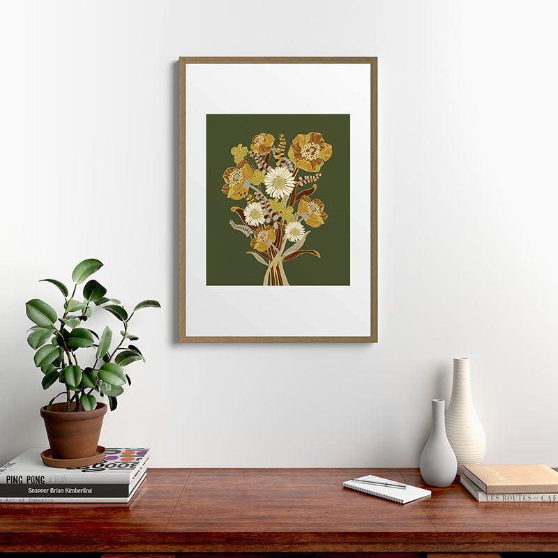 70s, flowers, green, retro, vintage, floral bouquet, olive green Framed Art Print