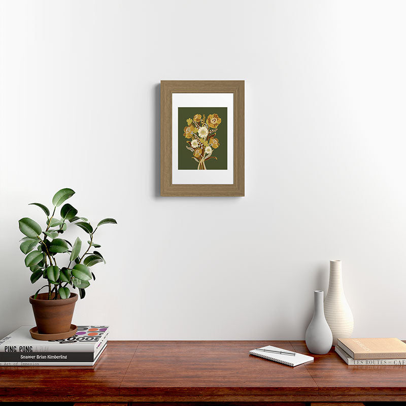 70s, flowers, green, retro, vintage, floral bouquet, olive green Framed Art Print