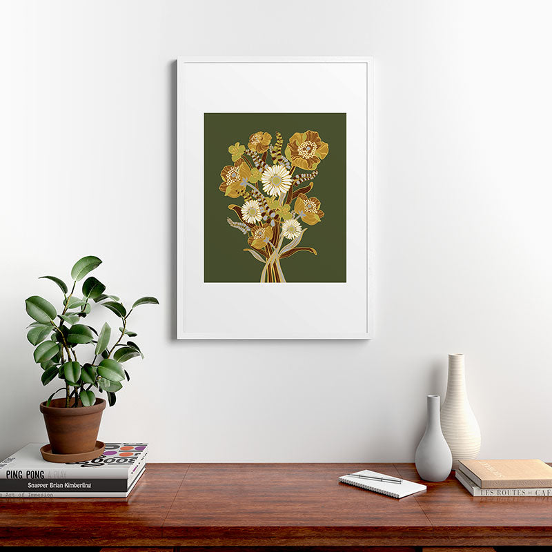 70s, flowers, green, retro, vintage, floral bouquet, olive green Framed Art Print
