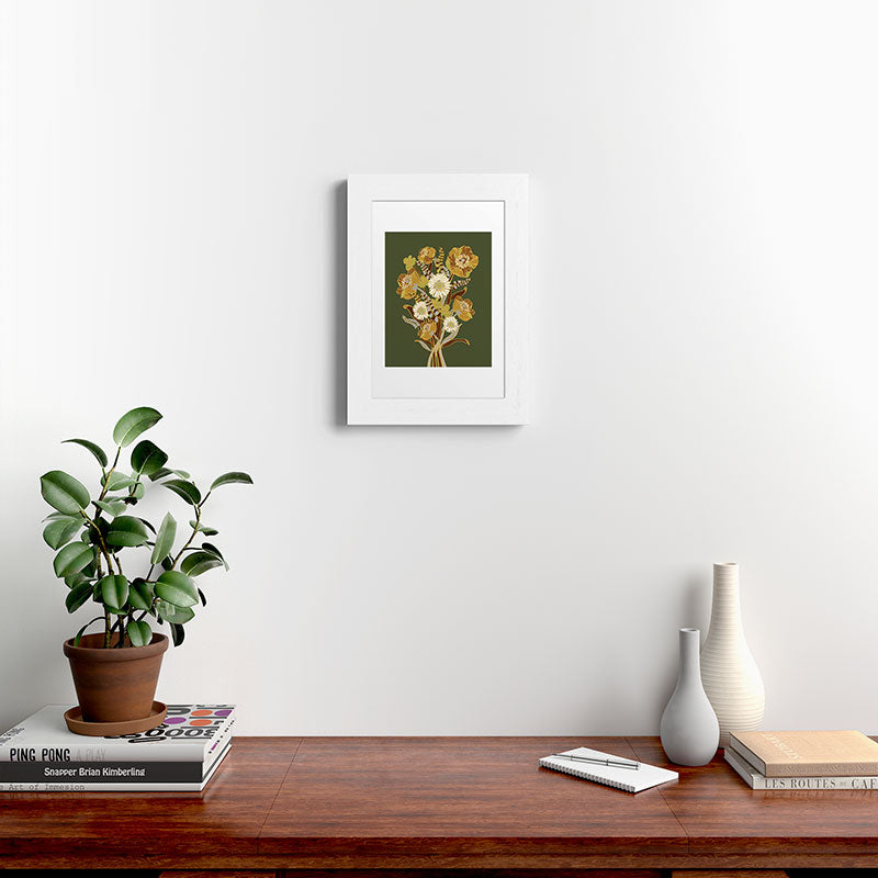 70s, flowers, green, retro, vintage, floral bouquet, olive green Framed Art Print