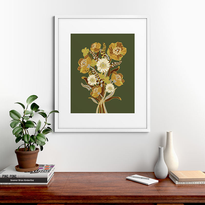 70s, flowers, green, retro, vintage, floral bouquet, olive green Framed Art Print