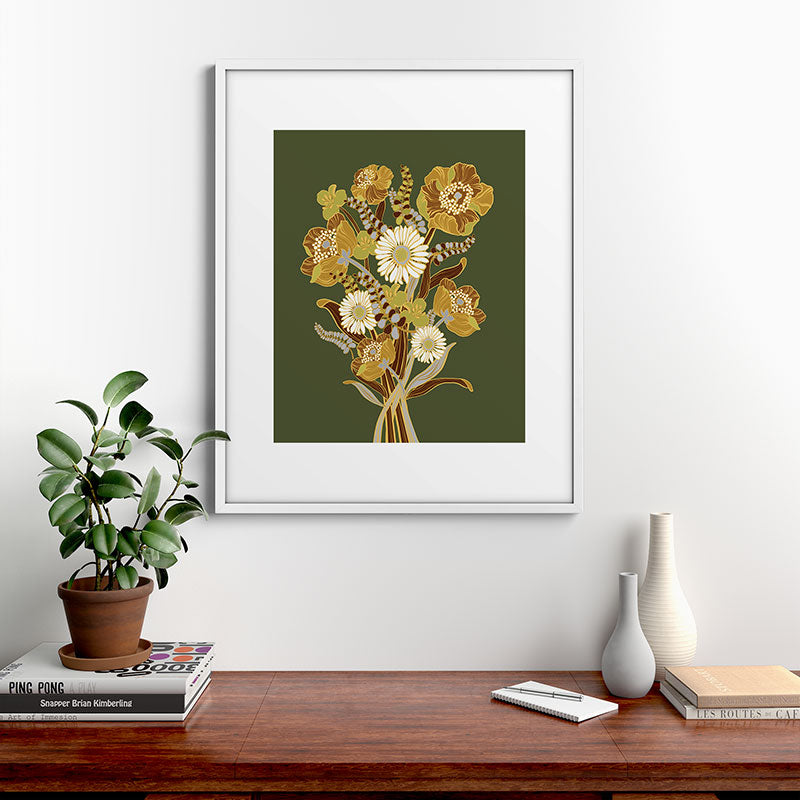 70s, flowers, green, retro, vintage, floral bouquet, olive green Framed Art Print