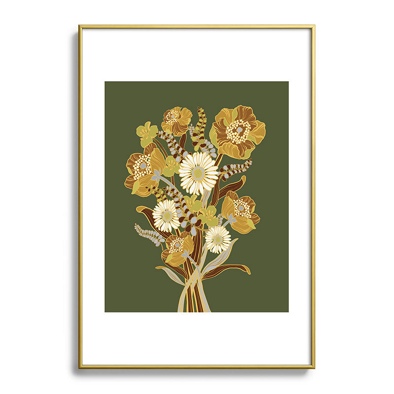 70s, flowers, green, retro, vintage, floral bouquet, olive green Framed Art Print