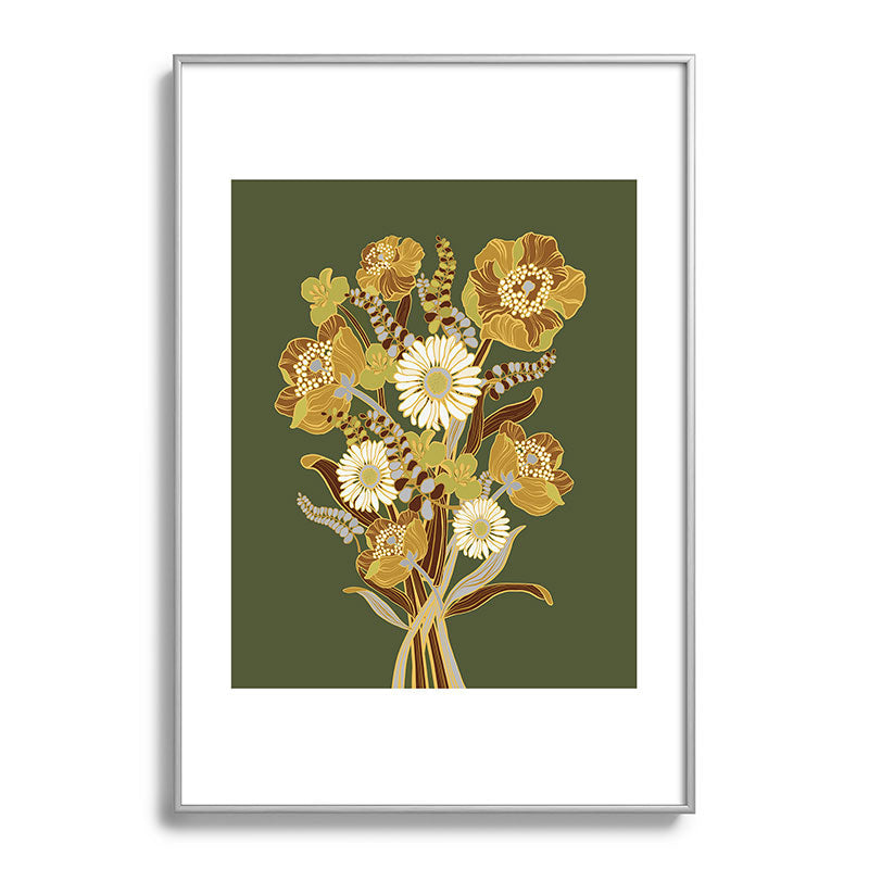 70s, flowers, green, retro, vintage, floral bouquet, olive green Framed Art Print