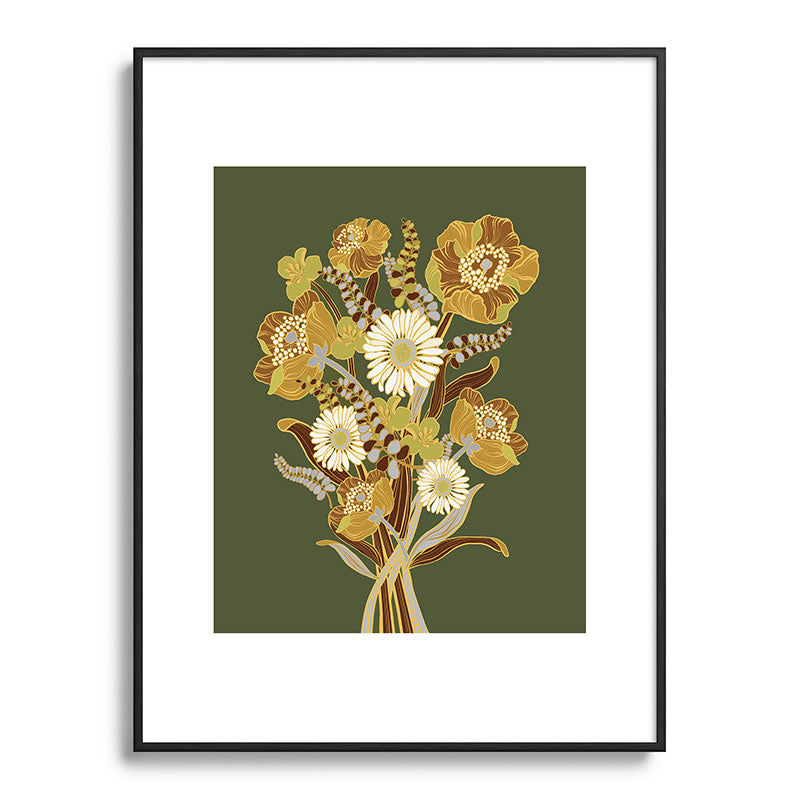 70s, flowers, green, retro, vintage, floral bouquet, olive green Framed Art Print