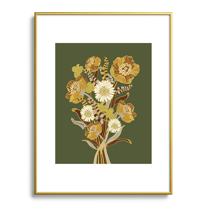 70s, flowers, green, retro, vintage, floral bouquet, olive green Framed Art Print