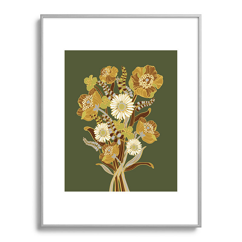 70s, flowers, green, retro, vintage, floral bouquet, olive green Framed Art Print