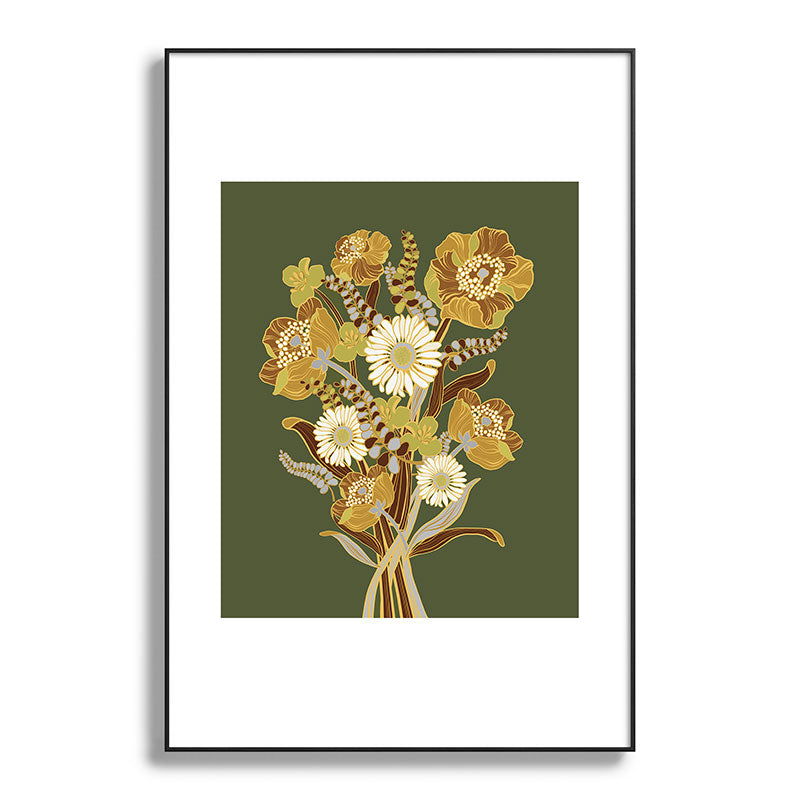 70s, flowers, green, retro, vintage, floral bouquet, olive green Framed Art Print
