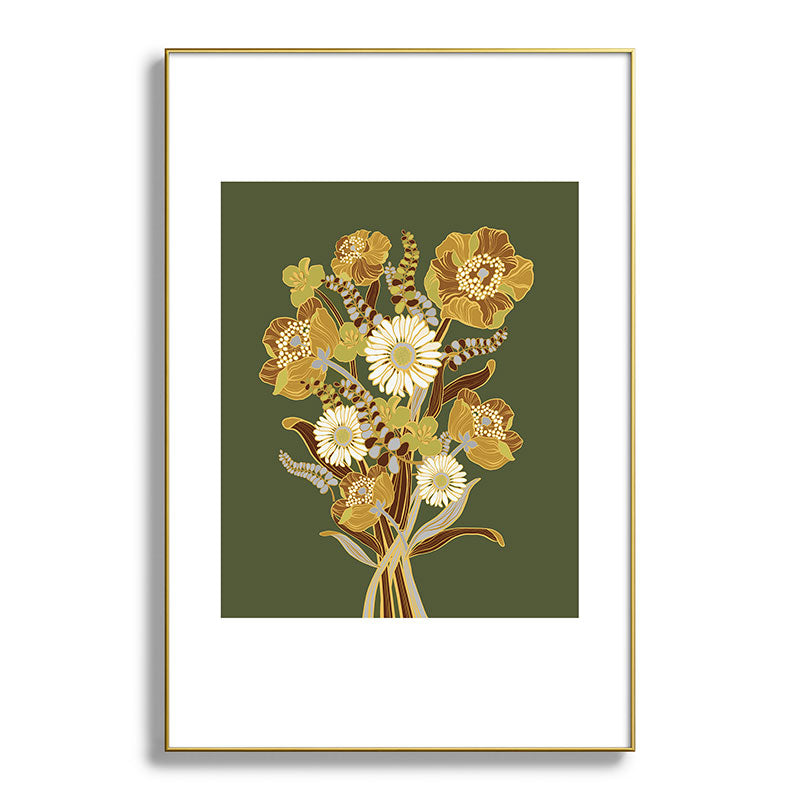 70s, flowers, green, retro, vintage, floral bouquet, olive green Framed Art Print