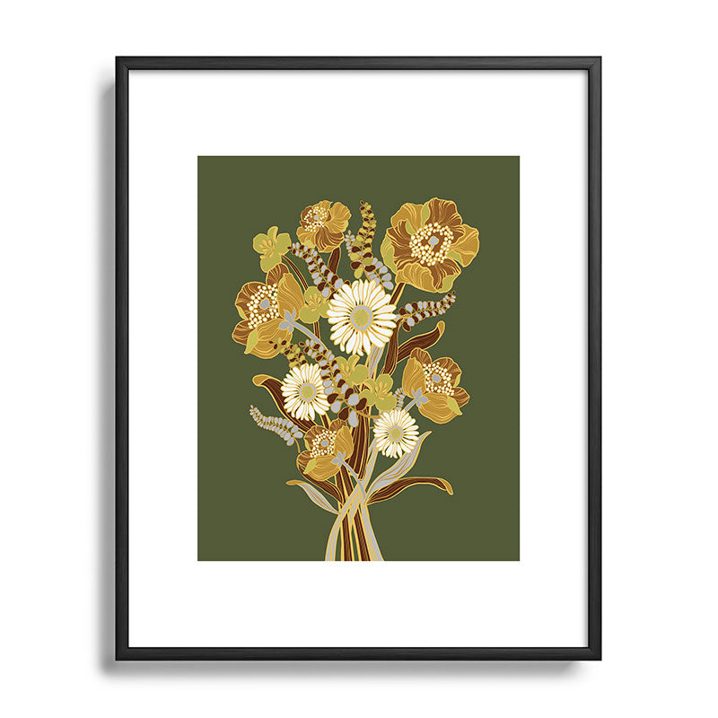 70s, flowers, green, retro, vintage, floral bouquet, olive green Framed Art Print