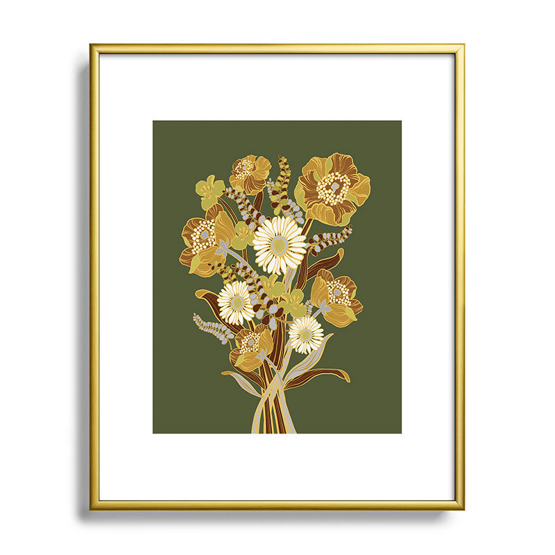 70s, flowers, green, retro, vintage, floral bouquet, olive green Framed Art Print
