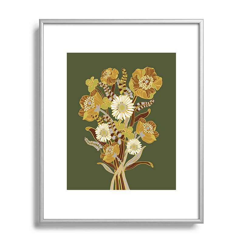 70s, flowers, green, retro, vintage, floral bouquet, olive green Framed Art Print