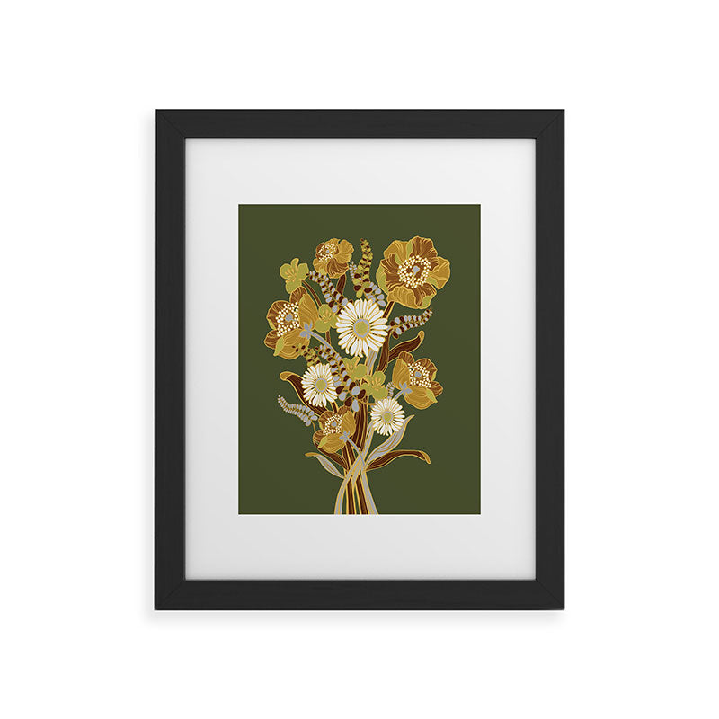 70s, flowers, green, retro, vintage, floral bouquet, olive green Framed Art Print