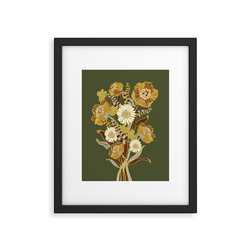 70s, flowers, green, retro, vintage, floral bouquet, olive green Framed Art Print