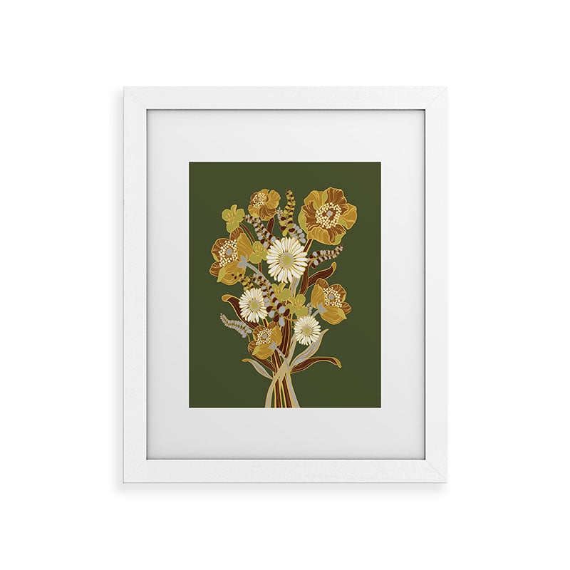 70s, flowers, green, retro, vintage, floral bouquet, olive green Framed Art Print
