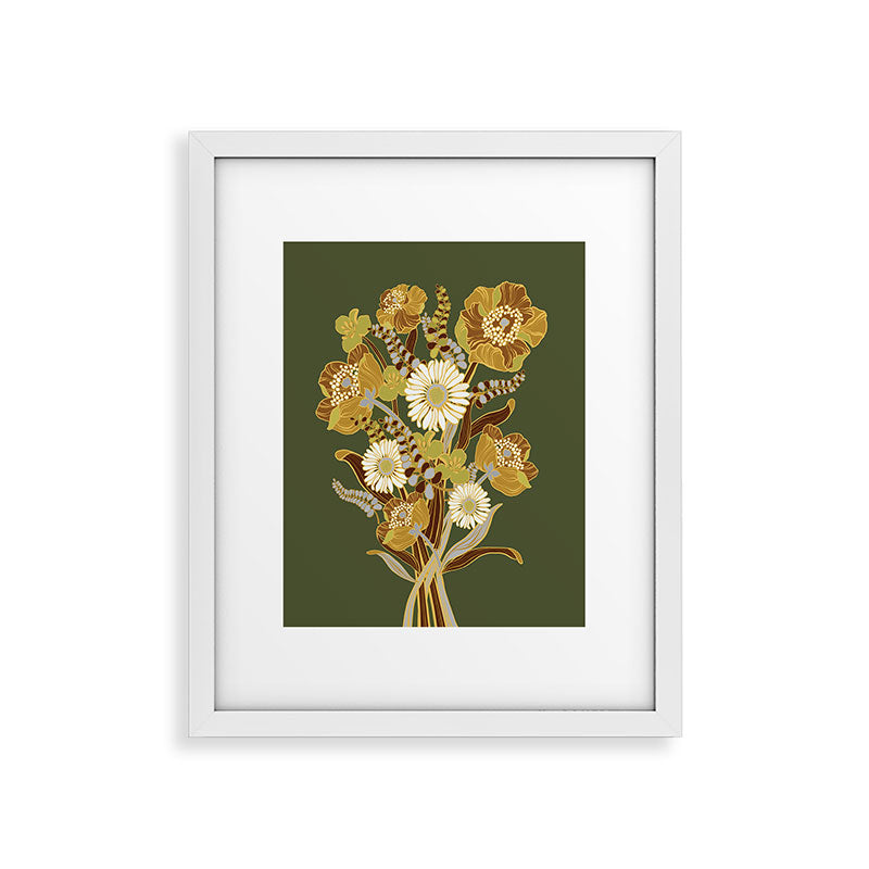 70s, flowers, green, retro, vintage, floral bouquet, olive green Framed Art Print