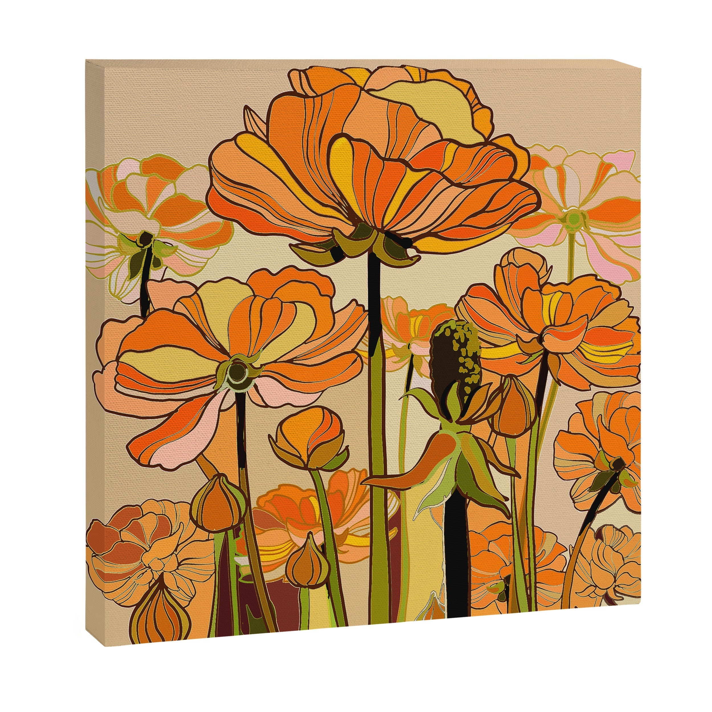 70s, Orange California poppies, mid century, 70s retro, flowers Canvas Print
